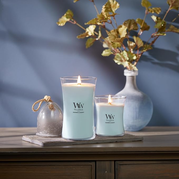 WoodWick Sagewood & Seagrass Gifts for Women and Men, 9.7 oz Medium Hourglass Candle with Crackling Wick