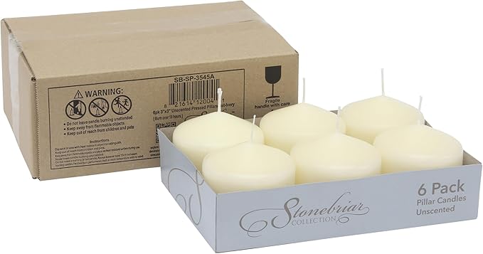 Stonebriar Unscented Pillar Candles – 80 Hour Burn Time, Long-Lasting Wax Candles for Weddings, Holidays, Home Décor & Special Events, Pack of 6, Ivory, 3" x 3