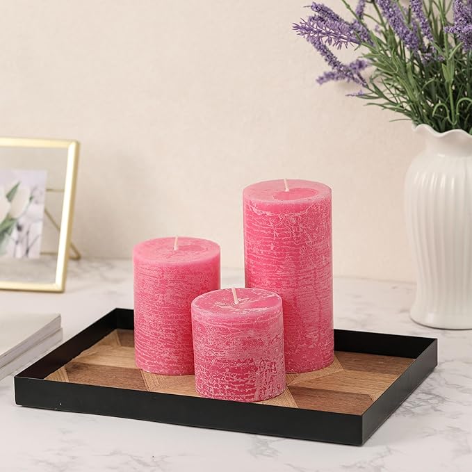 3x3 Inch Pink Pillar Candles Set of 3 - Hand-Poured Unscented Candles, Long Clean Burning, Smokeless Dripless Candle for Dinner Table, Home, Bathroom, Wedding, Valentines Day Decor