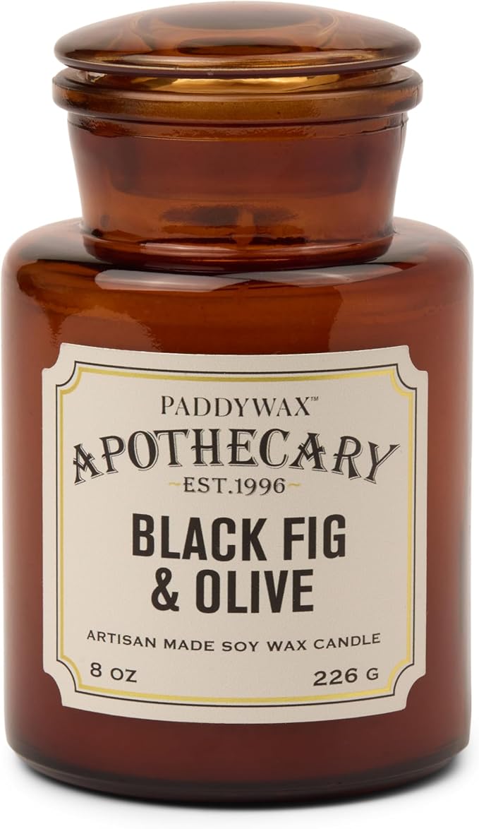Paddywax Artisan Apothecary Scented Candle with Lid in Reusable Glass Jar, Clean-Burn Soy Candle with Approx. 54 Hour Burn Time, Black Fig & Olive, 8 oz