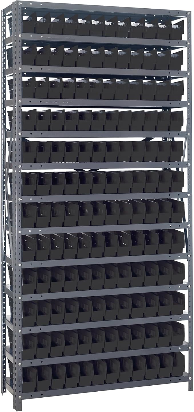 Quantum Storage Systems 1275-100BK Solid Heavy Duty 13 Shelves 144 Economy Black Bins 75" H x 36" W x 12" D