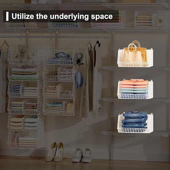 Jautokerdar 6 Tier Extra Large Hanging Closet Organizer, Closet Storage Hanging with Dividers, Wire Closet Shelf with 5 S Hooks 4 Dividers,Sweater Handbag Hat Accessory Storage Hanger,White