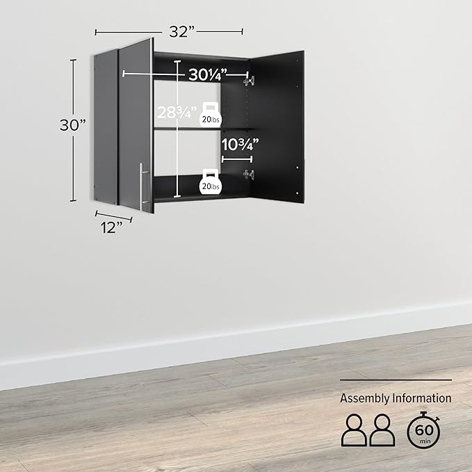 Prepac Elite 32" Wall Cabinet, Black Storage Cabinet with 1 Adjustable Shelf for Kitchen, Bathroom, 12" D x 32" W x 30" H, BEW-3230
