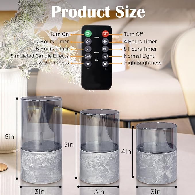 Rechargeable Marble Flameless Candles, Gray Glass LED Pillar Candle with Remote & Timer,Decorative Candles for Living Room, Bedroom, Holiday Décor & Gifts for Women,Set of 3