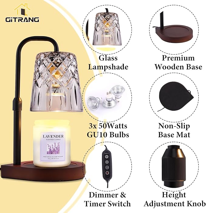 Candle Warming Lamp with Timer Dimmer,House Warming Gifts New Home Decor, Birthday Gifts for Women Mom,Height Adjustable Wax Melts Warmer for Jar Candles with 3 Bulbs，Personalized Gifts Decor Lamp