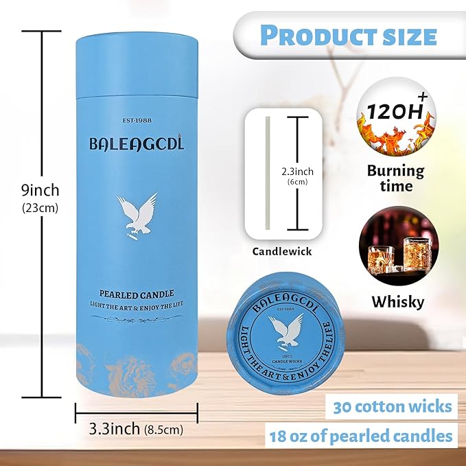 Whisky Scented White Pearled Candle 18oz Luxury Sand Candle Granulated Wax - 30 Cotton Wicks – Wax for Candle Making Decorative Candles Smooth and Clean Burning Lasts up to 120 Hours