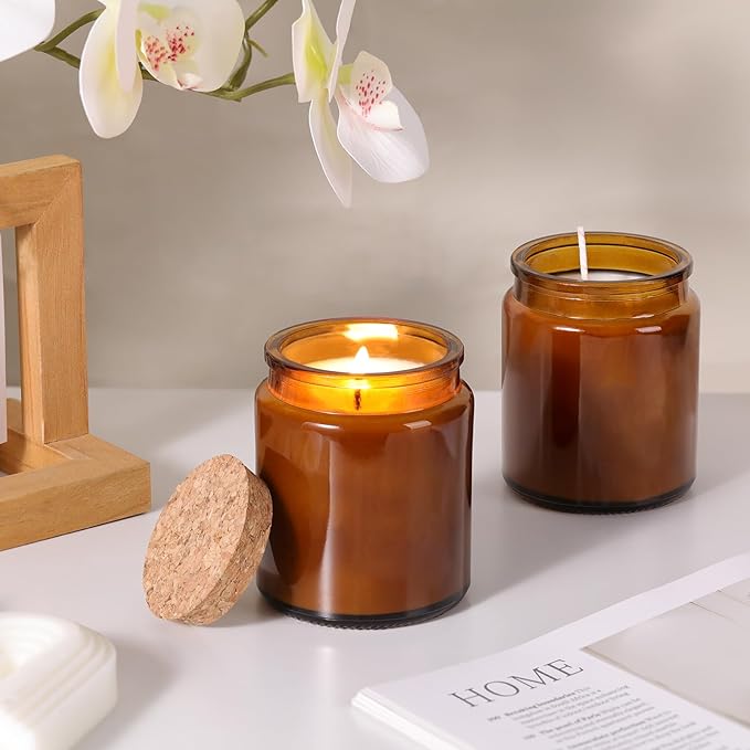 Lanttu 12 Pack Amber Candle Jars for Making Candles, 7.5oz Glass Jars with Wooden Lids and Labels, Candle Making Supplies Candle Containers for Home DIY, Gifts, Table Decor