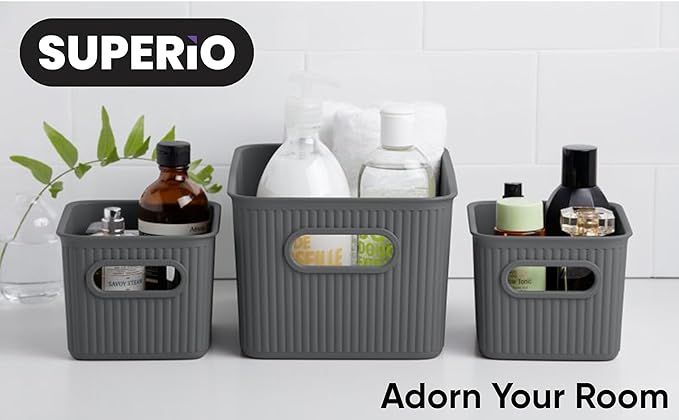 Superio Decorative Plastic Basket Open Home Storage Bins Organizer Baskets, Small, Grey (8 Pack) Container Boxes for Organizing Closet Storage Bins for Shelves Drawer Shelf, 1.5 Liter