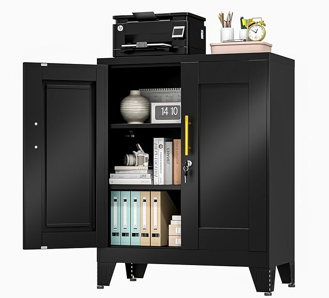 Black Metal Storage Cabinet, 36" Tall Locking Storage Cabinet with 2 Adjustable Shelves, Steel Locker Organizer, for Office, Home, School
