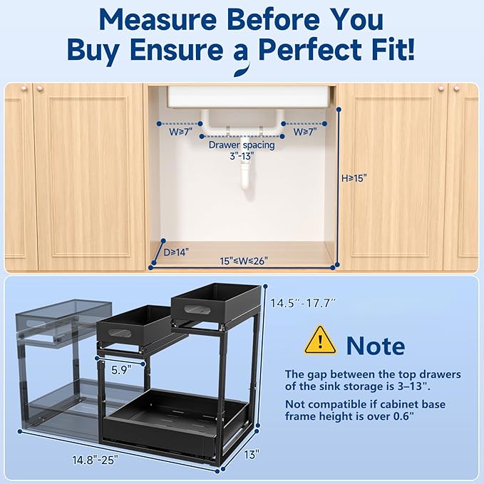 Upgrade Expandable Under Sink Organizer, Insputer 2 Tier Metal Under Cabinet Storage with 3 Slide Rails, Height Adjustable, Thickened Pull Out Drawer Shelf for Bathroom, Kitchen, Laundry, Pantry