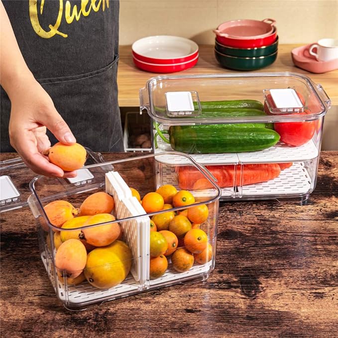 Slideep Food Storage Containers, 2 Tier Stackable Fridge Produce Saver with Lids, Removable Drain Tray Drawers Refrigerator Produce Keeper with Strainer for Veggie, Berry, Fruits, Vegetables 4 Pack