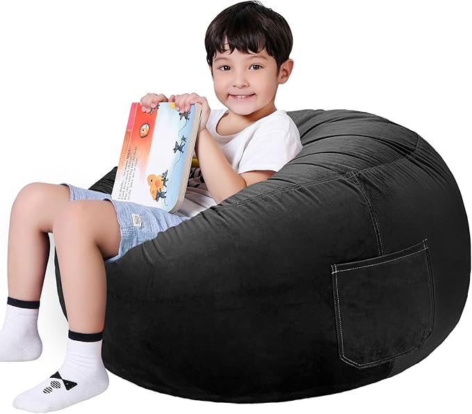 Lukeight Stuffed Animals Storage Bean Bag Chair Cover Only (Ships Empty, No Filling) - Velvet YKK Zipper Beanbag Cover for Toddlers and Kids, Washable Plush Toy Organizer, Large 27" D x 16" H
