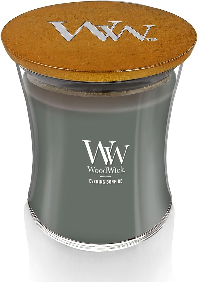 WoodWick Evening Bonfire Holiday Candle Gifts for Women and Men, 9.7 oz Medium Hourglass Candle with Crackling Wick