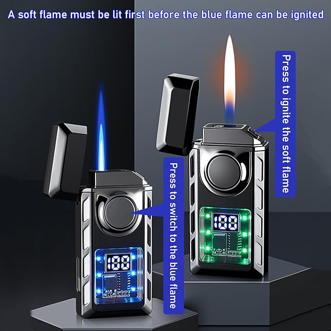 Smart Display Dual Flame Torch Lighter, Transparent Core Electric Lighter with LED Display, Butane Refillable & Type-C Charging, Windproof Jet Flame & Soft Flame Lighter (Without Butane)-Rainbow Ice