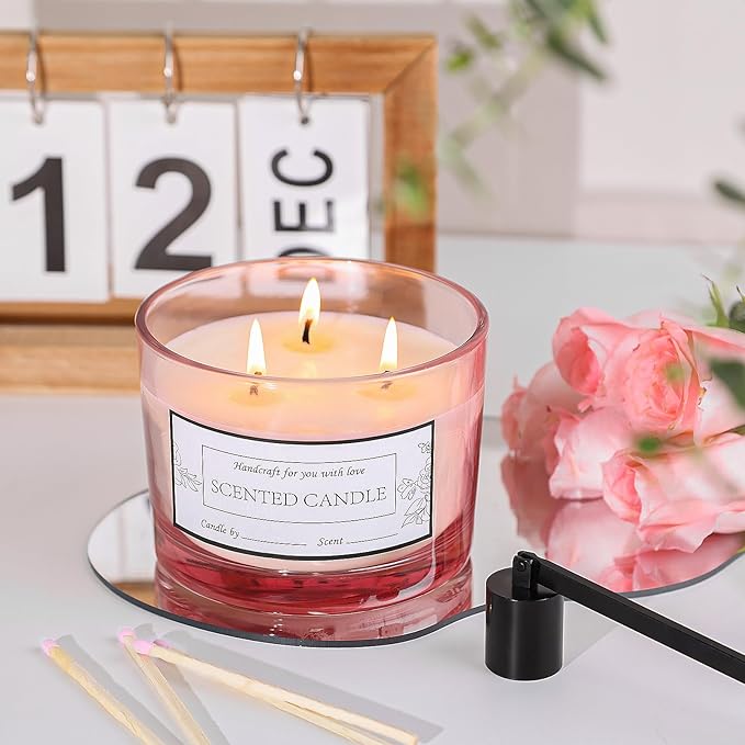 CONNOO 6 Pack 16 oz Candle Jars - 3 Wicks Pink Empty Glass Wide Mouth Candle Jars come with Metal Lids Sticky Warning Labels and a Candle Wick Kit for Candle Making- Dishwasher Safe