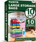 TUXIYA 10 PACK Extra Large Storage Bags, 10 Gallon 24"x20"x7", Resealable Clear Bags with Handle, XL Heavy Duty for Clothes Travel Moving, Double Zipper Seal, Expandable Bottom, Thick 8 Mils