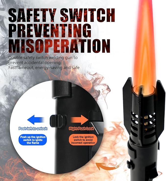 Camping Torch Lighter, Bright Fire Windproof Butane Refillable Straight Flame Lighter with Safety Lock and Adjustable Red Blue Flame for Outdoor Campfires BBQ Baking Kitchen Candles (Silver)