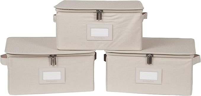 Covermates Keepsakes Zip-Top Storage Box Set, 3 Pack Heavy Duty Polyester Organizer Bins, Stackable Design, ID Window, Reinforced Handles, Closet Home Storage, Beige Heather