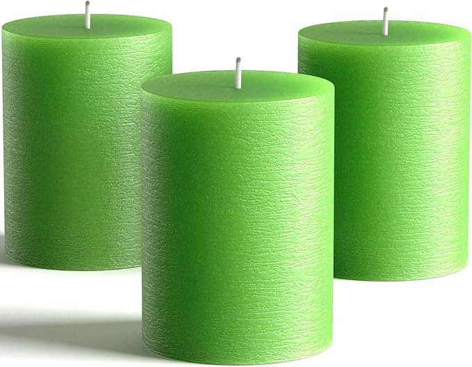 Melt Candle Company Set of 3 Pillar Candles 3" x 4" Unscented Handpoured Weddings, Home Decoration, Restaurants, Spa, Church Smokeless Cotton Wick - Green