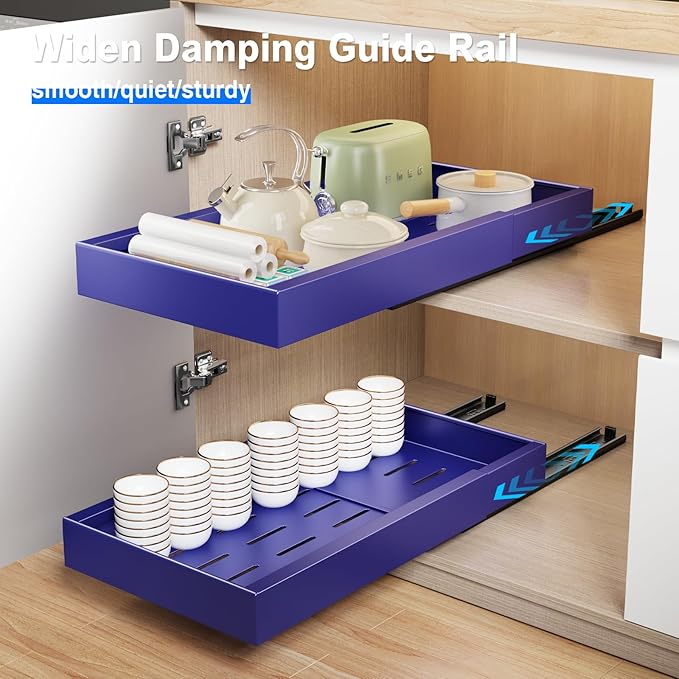 Mustorn 2 Pack Pull Out Cabinet Organizer,21.8" Deep Slide Out Drawer for Cabinets Adhesive Pull Out Drawers Heavy Duty Pull Out Shelves for Kitchen,Cupboard,Pantry,Bathroom-Blue