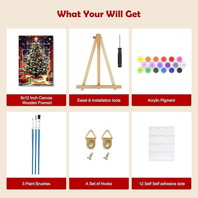 MOGTAA Christmas Paint by Numbers Kit for Adults Beginners with Frame, Christmas Tree Adult Paint by Number Kits on Canvas with Easel, Easy DIY Oil Painting Kits for Home Decor, 8x12in