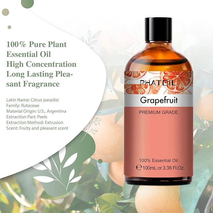 PHATOIL 3.38FL.OZ Grapefruit Essential Oil with Glass Dropper, for Aromatherapy Diffusers, Humidifiers, Great for DIY Candle and Soap Making, Huge 100ML Bottle