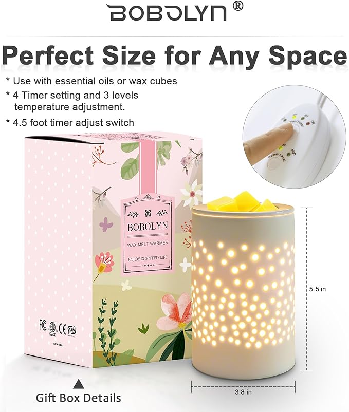 Wax Melts Candle Warmer Burner - Ceramic Electric Candle Waxing Warmer Melter Timer Adjust Fragrance Intensity Auto Shut Off for Scented Wax Tart Cube Aromatherapy Home Office Bedroom Decor Gifts
