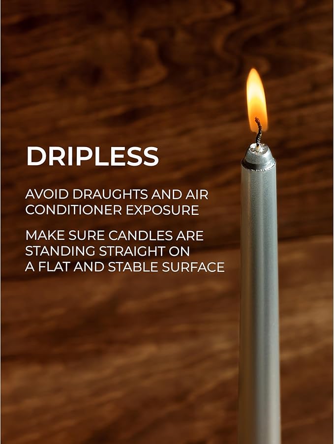 CANDWAX 8 inch Silver Taper Candles - Set of 4 Dripless Long Burning Fragrance-Free Candlesticks