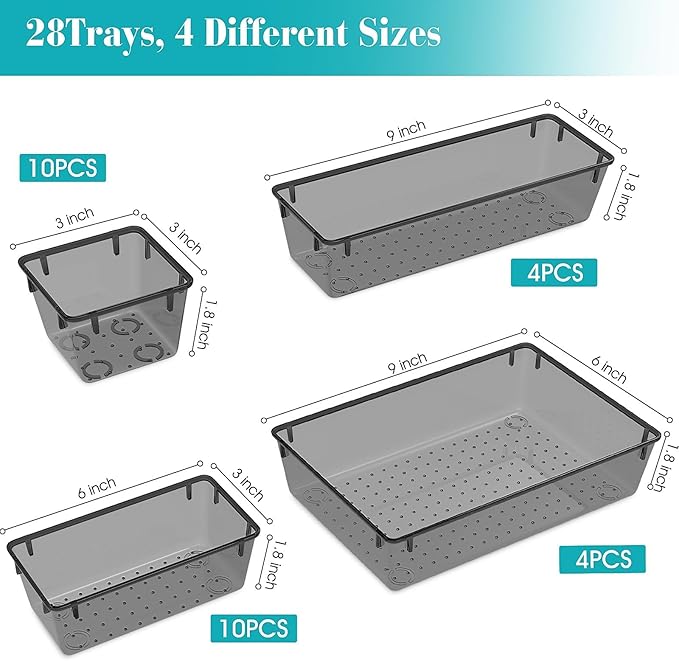 StorMiracle 28 PCS Clear Plastic Drawer Organizers Set, 4 Size Desk Drawer Organizer Trays for Makeup, Jewelry, Kitchen Utensils, Gadgets and Office Accessories, Black