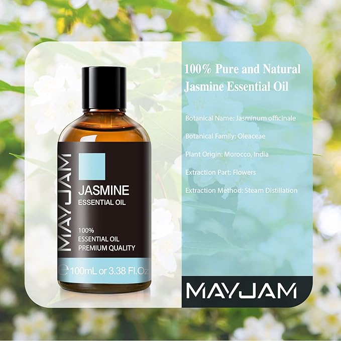Jasmine Essential Oil with Glass Dropper, MAYJAM Pure Essential Oils for Diffusers for Home, Jasmine Oil for Soap Making, Candle Making, 3.38FL.OZ