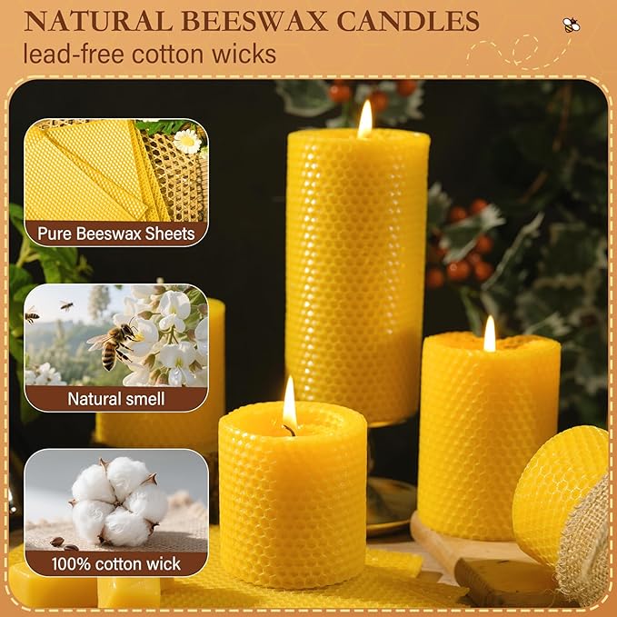 3 Pack Beeswax Pillar Candles Set,100 Hours All Natural Beeswax Rolled Candles 2.8" Width 3" 4" 6" Height 100% Pure Unscented Honeycomb Bees Wax Candle for Home, Wedding, Meditation