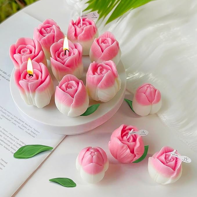 4 PCS Tulip Candle Molds with Leaf Mold, 3D Tulip Flower Silicone Molds for Candles Making Handmade Soap Clay Plaster Epoxy Resin Casting Home Decorations Mothers Day Gift