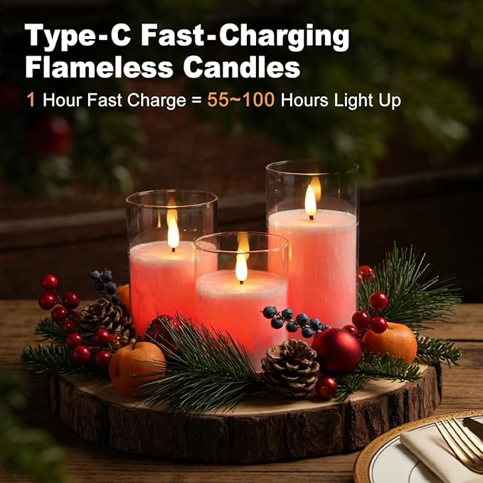 Rechargeable Ice Crystal Glass Flameless Candles, RGB Color Changing Realistic Flickering Flameless Candles with Remote & Timer,Best Festival Wedding Home Party Decor - Set of 3