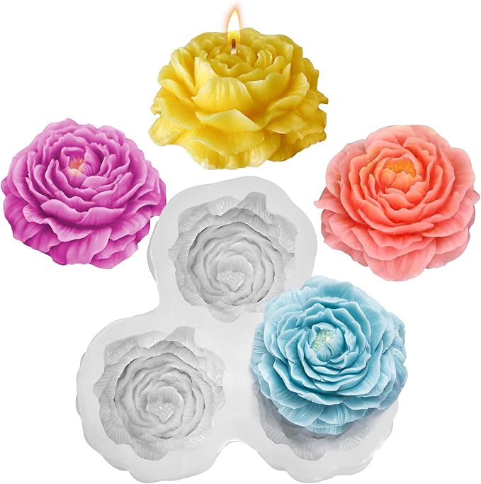 Peony Candle Mold for Candle Making, 3 Cavity Flower Silicone Molds for Epoxy Resin Wax Soap Clay Plaster Tealight Candles Crafts Casting Home Décor Handmade Gifts
