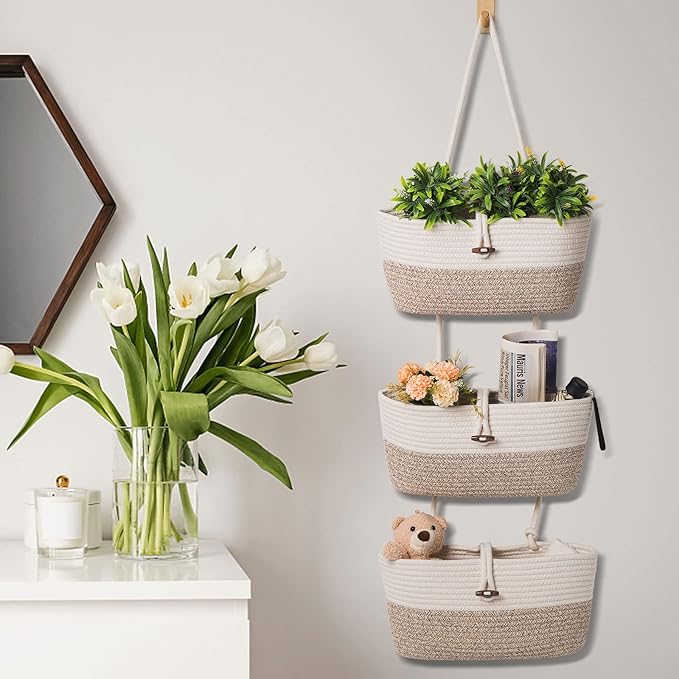 Over the Door Basket Cotton Rope Organizer, 3-Tier Wall Hanging Storage Basket, Closet Organizing, Decorative Baskets for Organizing Living Room—14.5“x7 (Apricot)