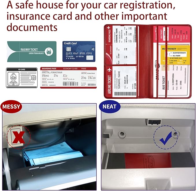 Car Registration and Insurance Card Holder - Leather Vehicle Glove Box Automobile Documents Paperwork Wallet Case Organizer for ID, Driver's License, Key Contact Information Cards