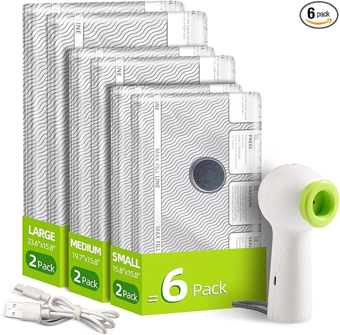 Travel Vacuum Bags with Rechargeable USB Pump, 6 Pack Carry-On Size Vacuum Travel Bags for Luggage & Suitcase, Vacuum Bags for Travel, Space Saver Compression Bags for Clothes & Clothing