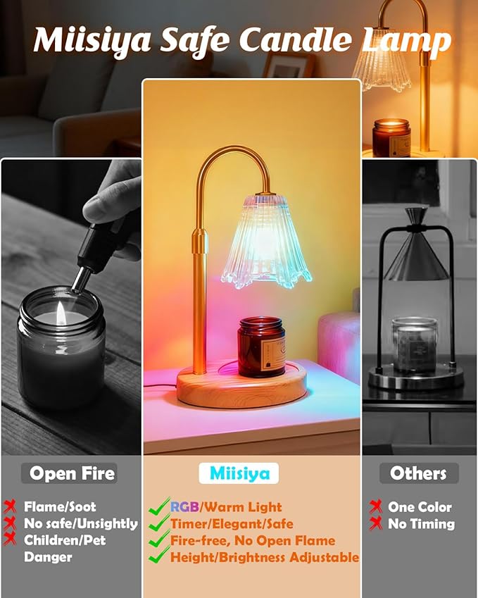 RGB Candle Warmer Lamp with Timer, Dimmer Adjustable Height Candle Melt Lamp Gold Flower Wax Warmer for Wax Melt Birthday Gift for Women Home Office Decor Multi-Color RGB Included 2 Bulbs