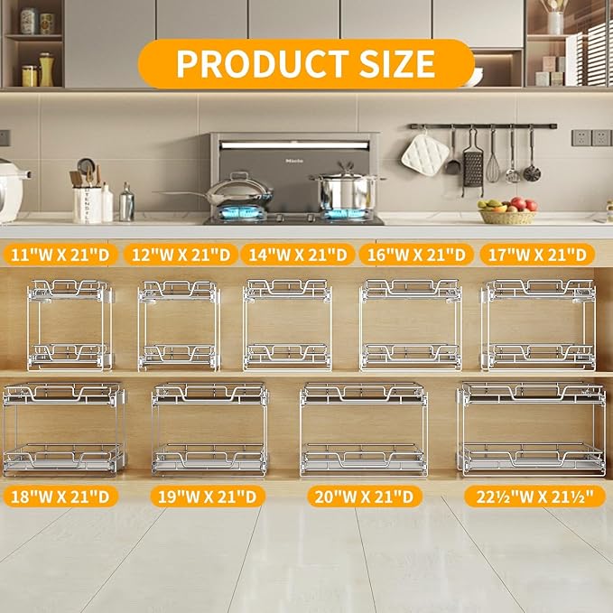 2-Tier Kitchen Cabinet Pull Out Shelf and Drawer Organizer Slide Out Pantry Storaqe Basket in Multiple Sizes (16" W x 21" D)