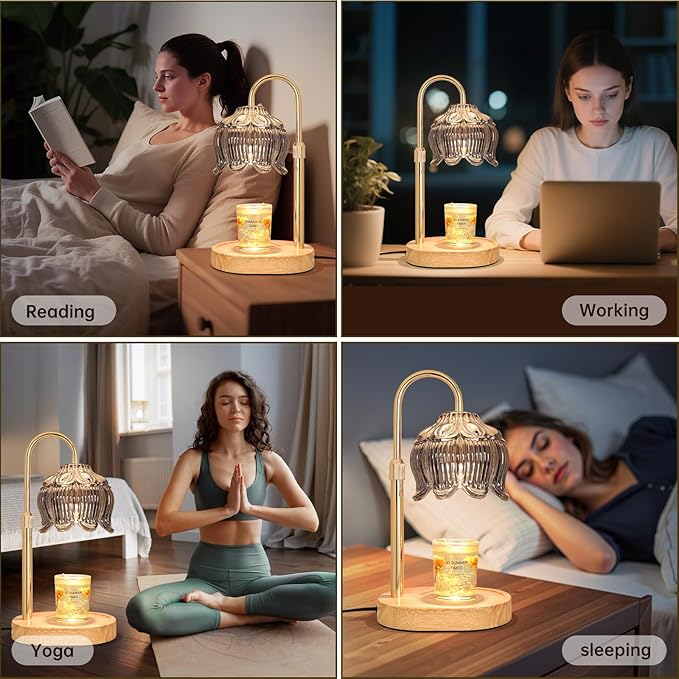Flower Candle Warmer Lamp for Jar Candles with Timer & Dimmer, Adjustable Height Fits Large Jars up to 7.08" Tall, Flameless Wax Warmer, Cozy Bedroom Home Decor, Gift for Mom Women,Silver Gray