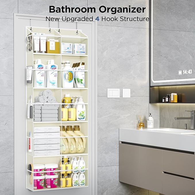5-Tier Over The Door Organizer with 10 Side Mesh Pockets & Clear Windows, 80 lbs Weight Capacity Hanging Storage for Bathroom, Bedroom, Nursery, Kitchen, Organize Shoes, Diapers(Clear Beige)