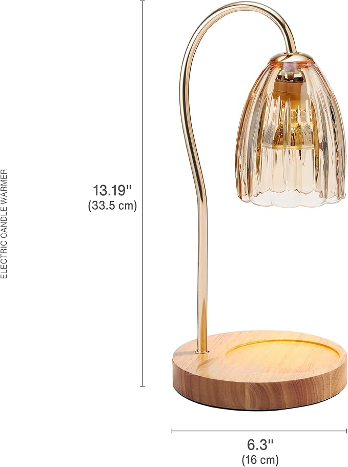Mikasa 13.2 Inch Amber Glass Shade Electric Candle Warmer - Elegant Lamp Style Warmer with Wood Base, 50W Halogen Bulb, Safe Flameless Fragrance for Home Decor