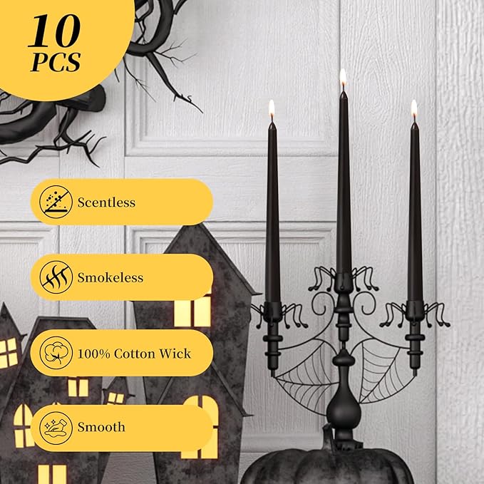 KONNI 0.87×10 Inch Black Taper Candles, Unscented and Smokeless Tall Candlesticks, 10 Pack Halloween Taper Candles with Cotton Wicks, Long Burning, Ideal for Weddings, Dinner Parties, and Home Décor