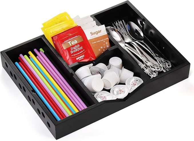 TOPZEA Wood Desk Drawer Organizer Tray, 6 Slot Junk Drawer Organizer with 2 Adjustable Divider Office Supplies Storage Organization for Desktop, Bathroom, Kitchen, Makeup, Vanity, Black