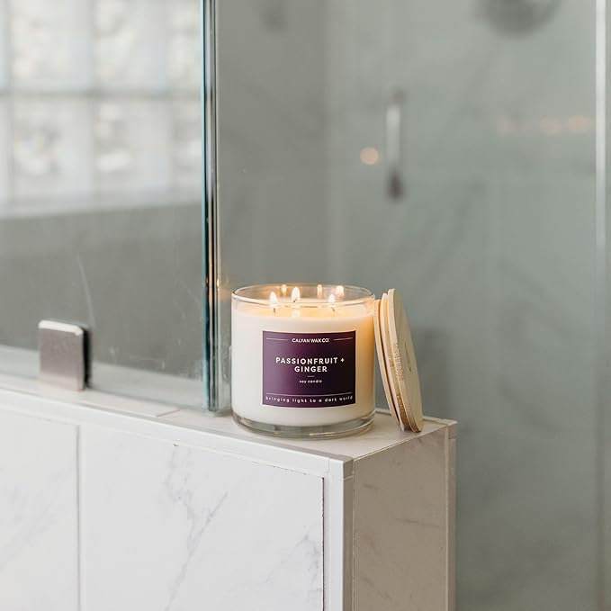 Calyan Wax Co. Passionfruit & Ginger 3 Wick Scented Candle - 43 Hour Burn - Luxury 3 Wick Soy Candles - Non Toxic Soy Wax Candles - Long Lasting Large Glass Jar Candle for Home - 14.9oz
