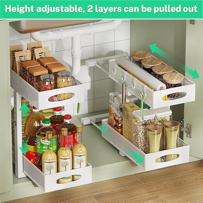 1 Pack Under Sink Organizer and Storage, 2 Tier Pull Out Sliding Cabinet Shelf, 5-Level Height Adjustable Thickened Carbon Steel Storage Rack for Kitchen Bathroom Cabinet, White