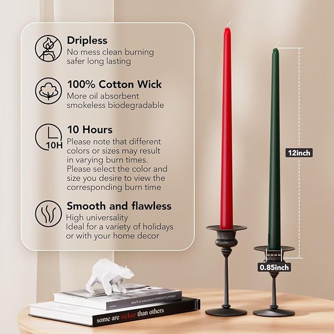 12-Inch Tall Dripless Taper Candles Set of 4 - Red and Green Tapered Candles, Perfect for Christmas - Smokeless, Unscented, Long Burning - Hand Poured, Colored Tall Candlesticks - Christmas