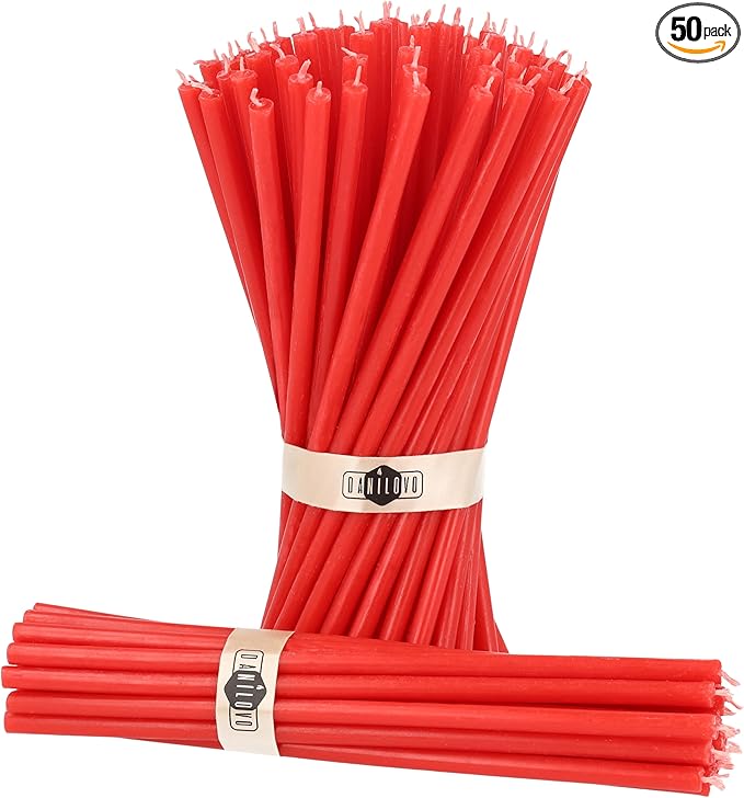 Danilovo Thin Taper Beeswax Candles - Honey-Scented, Decorative Candles Ideal for Birthday Decoration or Church Prayers - Red Drip Free, Tall & Smokeless Pack of 50 pcs, 7.3 x 0.24 inch