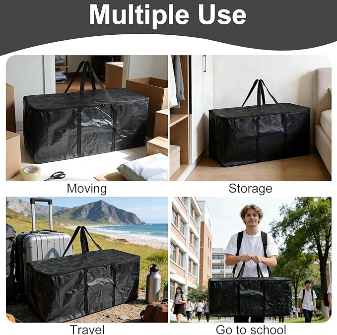 Demao Black Large Moving Bags-6 Pack,Heavy Duty Storage Bag with Handles & Zippers,Foldable Moving Tote Storage Boxs for Clothes,Relocation,College Dorm & Travel Storage-Moving Essentials