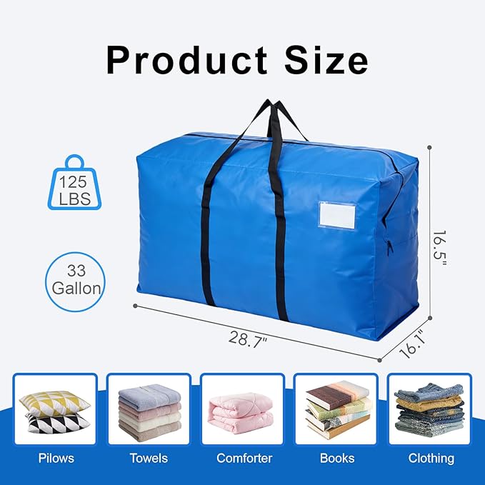 2 Pack Heavy Duty Moving Bags with Backpack Straps & Handles, Large Storage Bags with Zipper for Clothes, College Moving Supplies and Dorm Essentials (33 Gal, Blue)